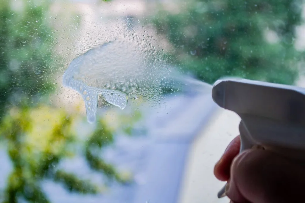 erhvervsrengøring - Selvfølgelig Rent - cleaning window pane with spray detergent outside 2024 11 29 22 37 27 utc 1 - Vinduespudsning